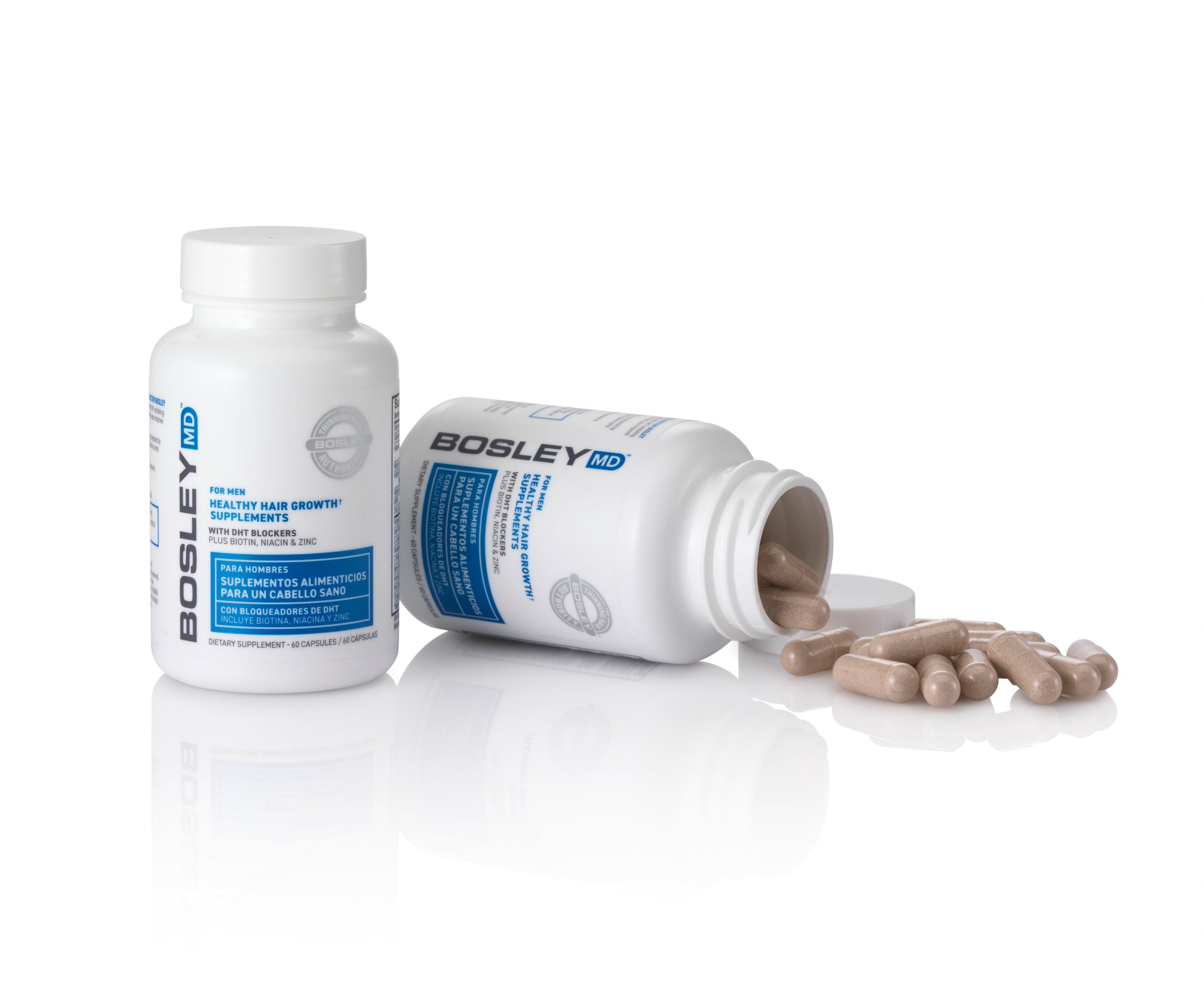 Bosley MD Men's Supplement Bottle and Supplement Pills Product Display