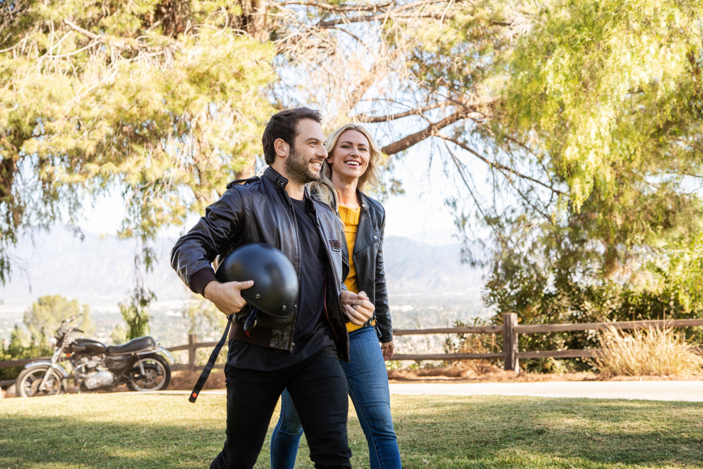 Bosley Results After Photo Man and Woman Smiling with Motorcycle and Cityscape Background