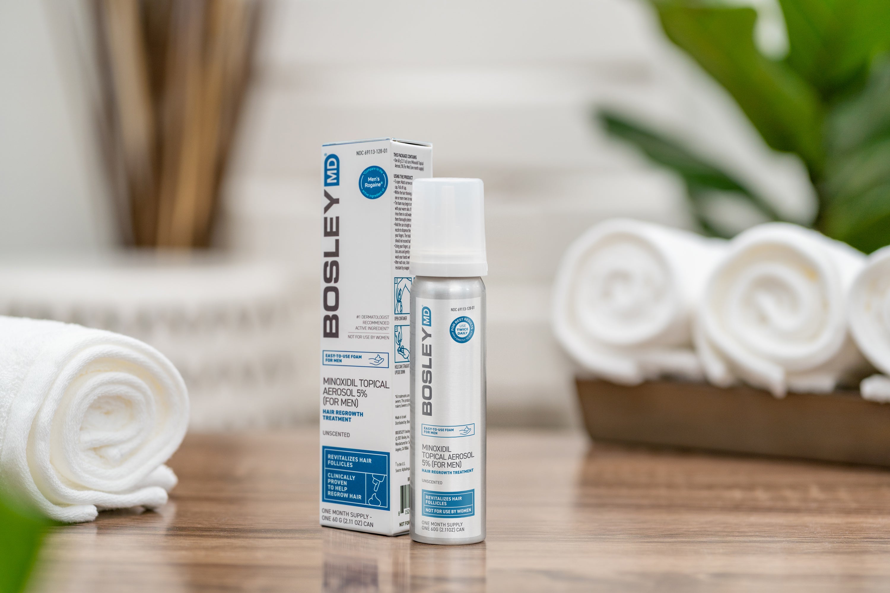 Bosley MD Minoxidil Foam Men's Bottle and Box Spa Background