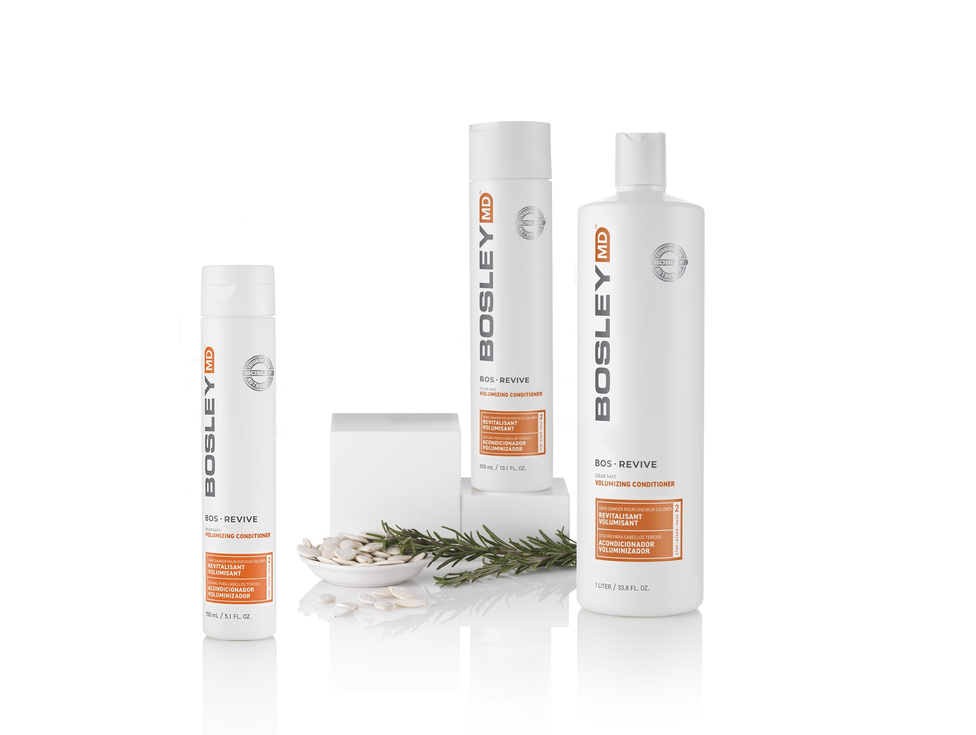 Bosley MD Bos-Revive Kit Shampoo Bottles on Spa Background