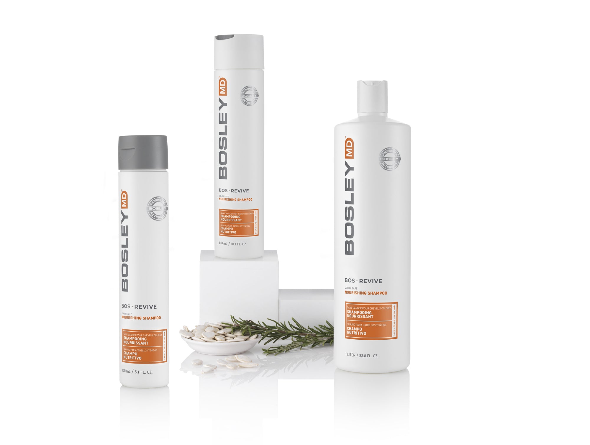 Bosley MD Bos-Revive Kit Shampoo Bottles on Natural Background