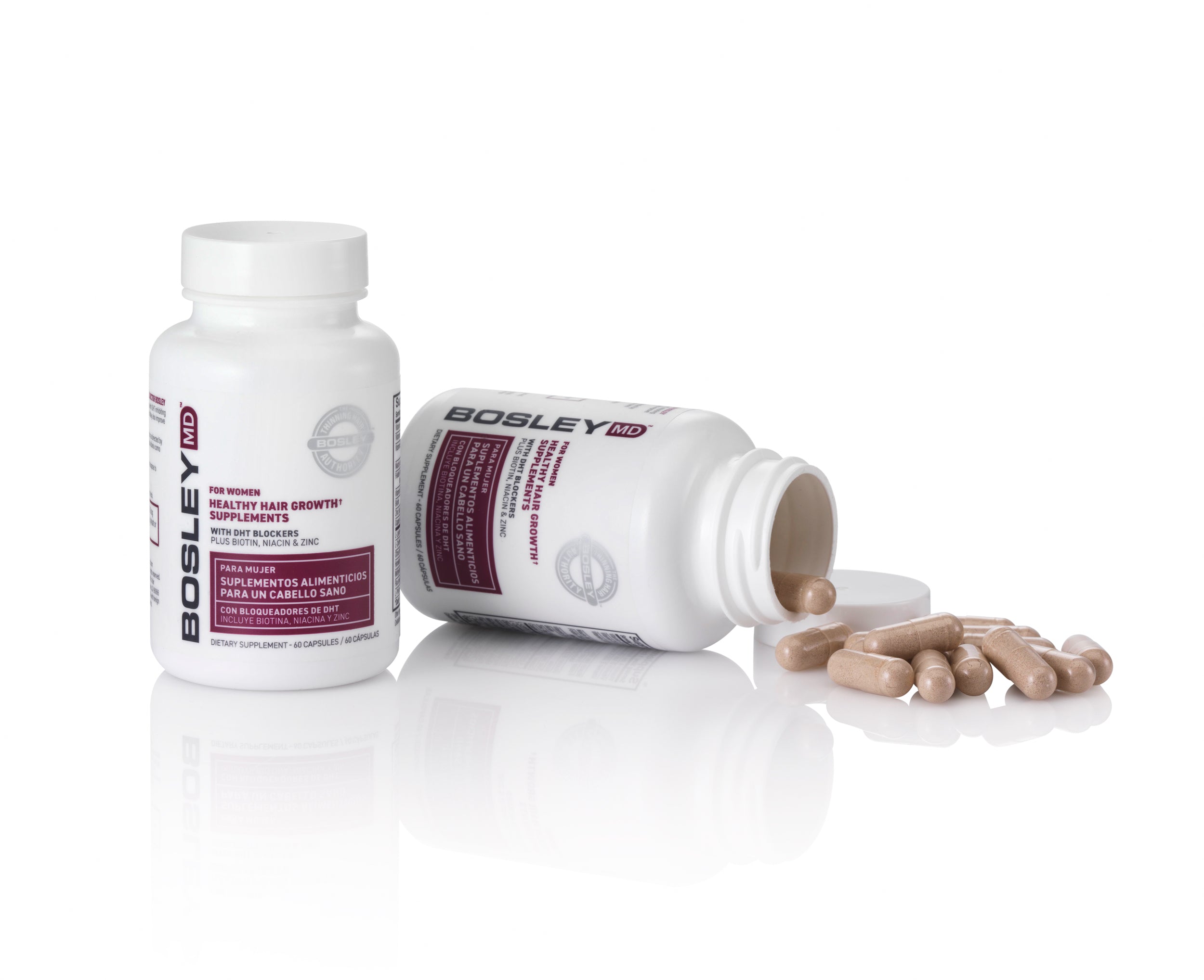 Bosley MD Women's Supplement Bottle and Supplement Pills Product Display