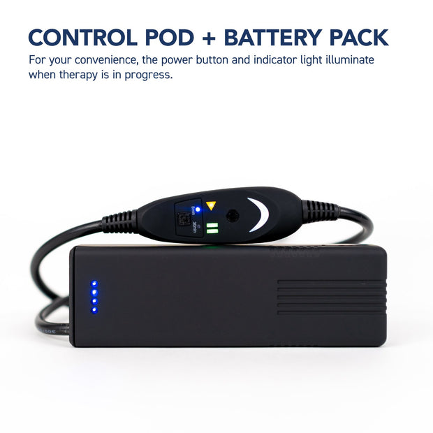 Controller pod + battery pack. For your convenience, the power button and indicator light illuminate when therapy is in progress. 