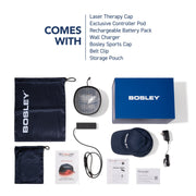 Comes with: Revitalizer Laser Therapy Cap, exclusive controller pod, rechargeable battery pack, wall charger, Bosley sports cap, belt clip, and storage pouch. #lasers_272