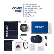 Comes with: Revitalizer Laser Therapy Cap, exclusive controller pod, rechargeable battery pack, wall charger, Bosley sports cap, belt clip, and storage pouch. #lasers_96